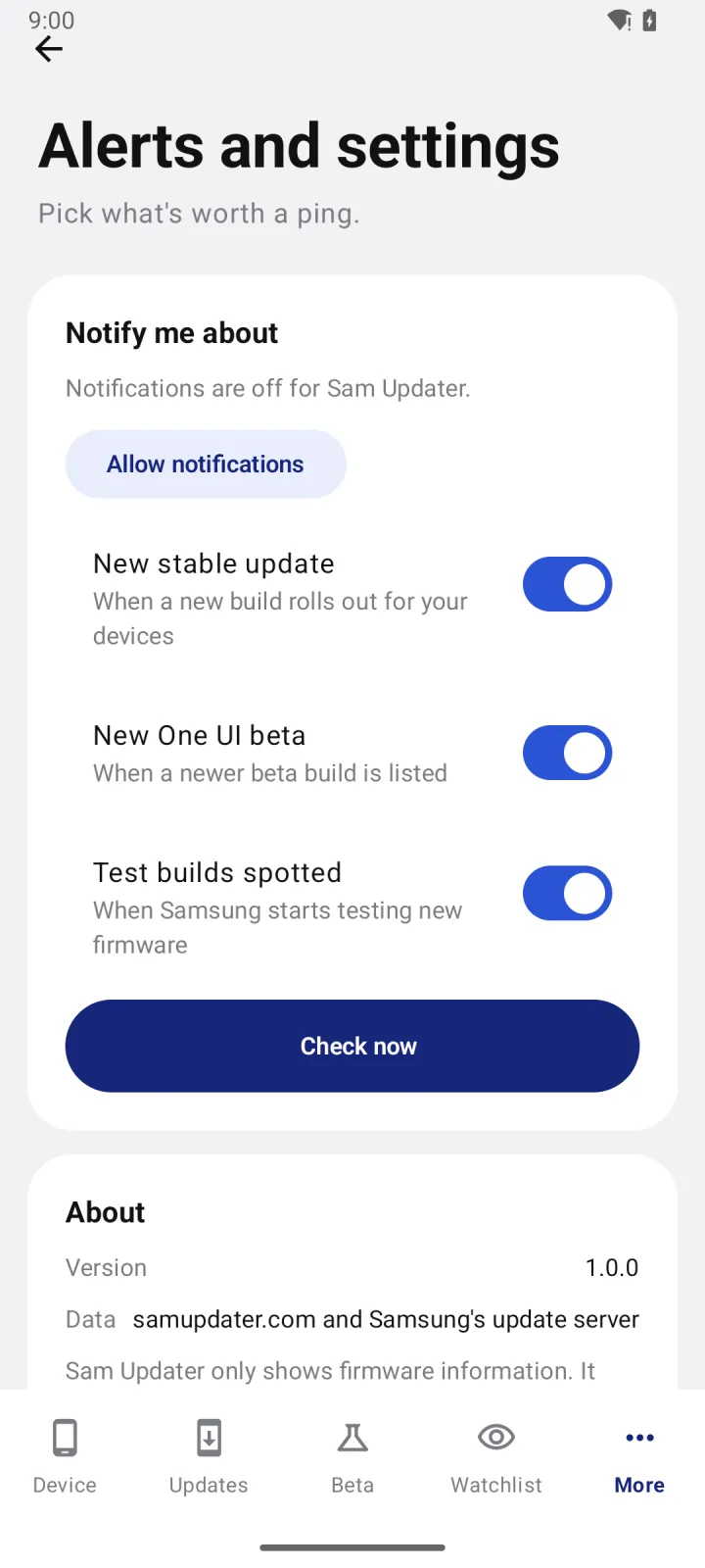 Alerts and settings with switches for new stable updates, One UI betas and test builds