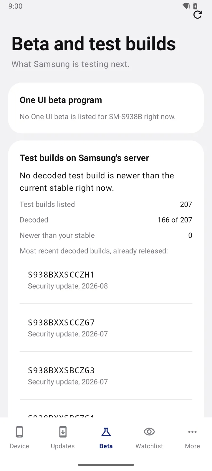 Beta tab showing 207 test builds found for the SM-S938B, with 166 decoded