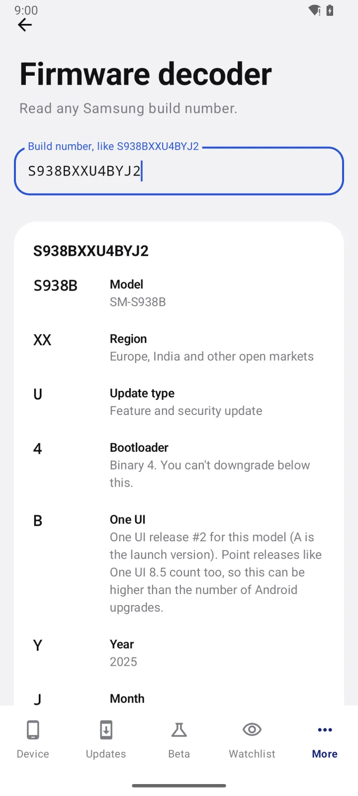 Firmware decoder explaining each part of the build number S938BXXU4BYJ2