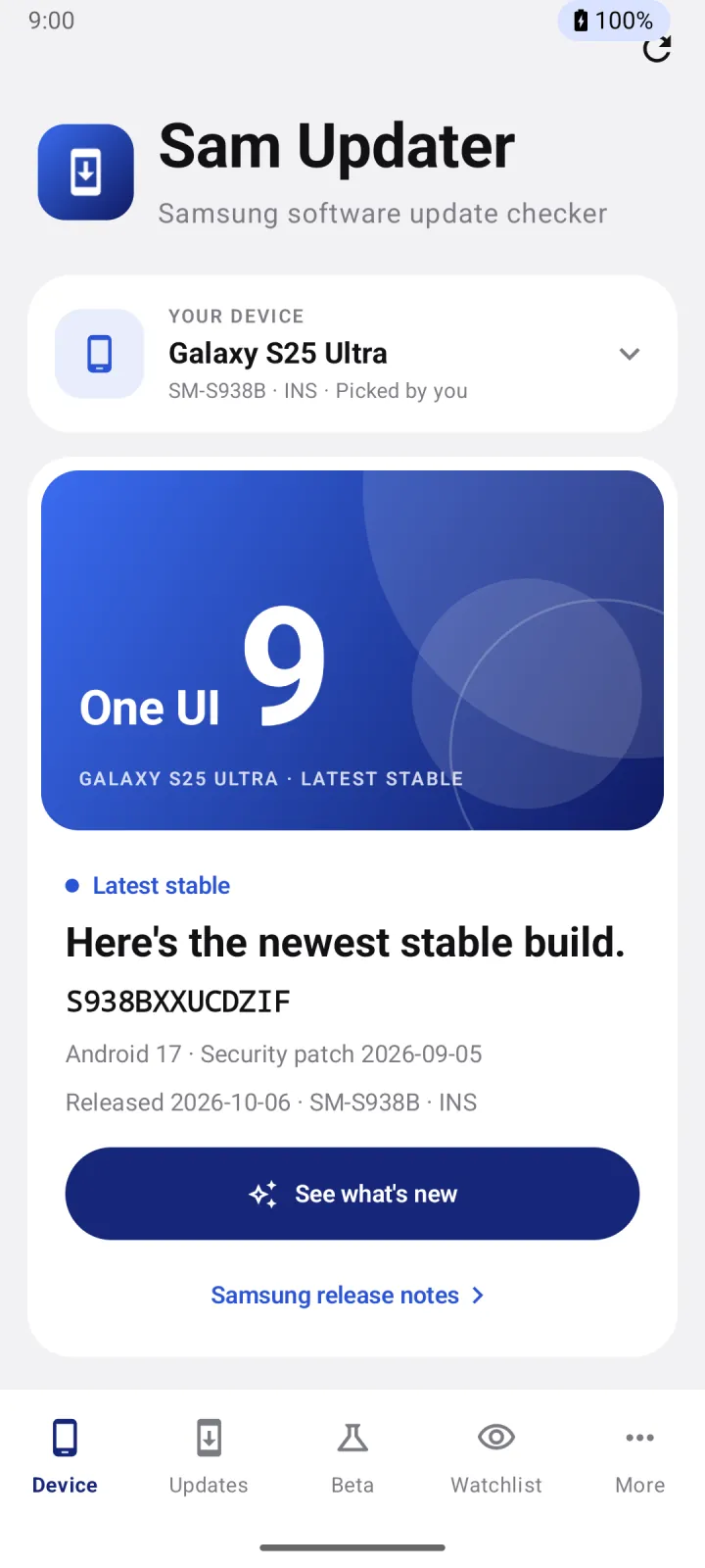 Device tab in light mode, showing the newest stable build for the Galaxy S25 Ultra