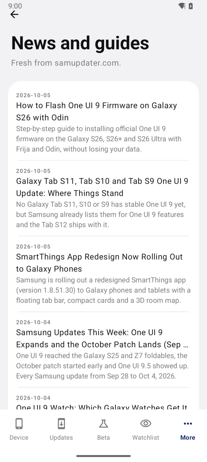 News and guides screen with the latest posts from samupdater.com