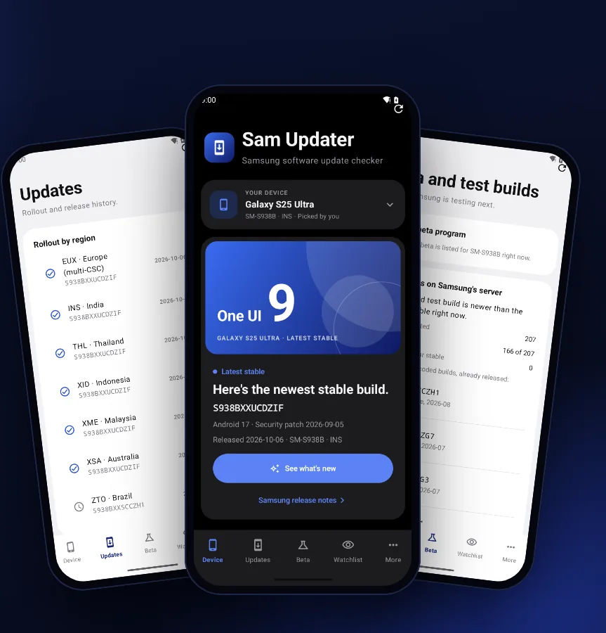 Sam Updater on three phones, showing the Updates tab, the Device tab in dark mode and the Beta tab