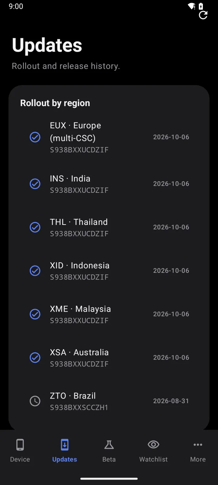 Updates tab listing the Galaxy S25 Ultra rollout by region