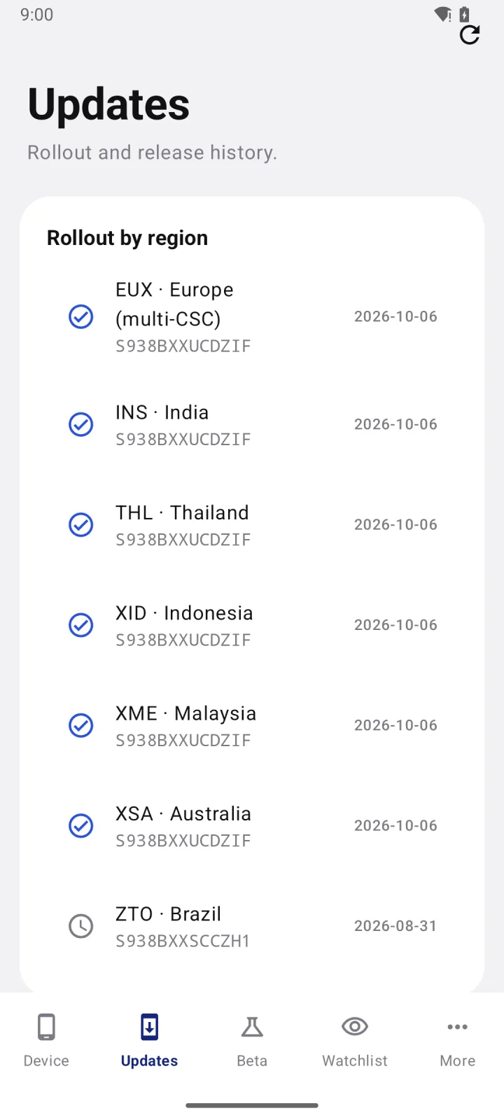 Updates tab listing the Galaxy S25 Ultra rollout by region