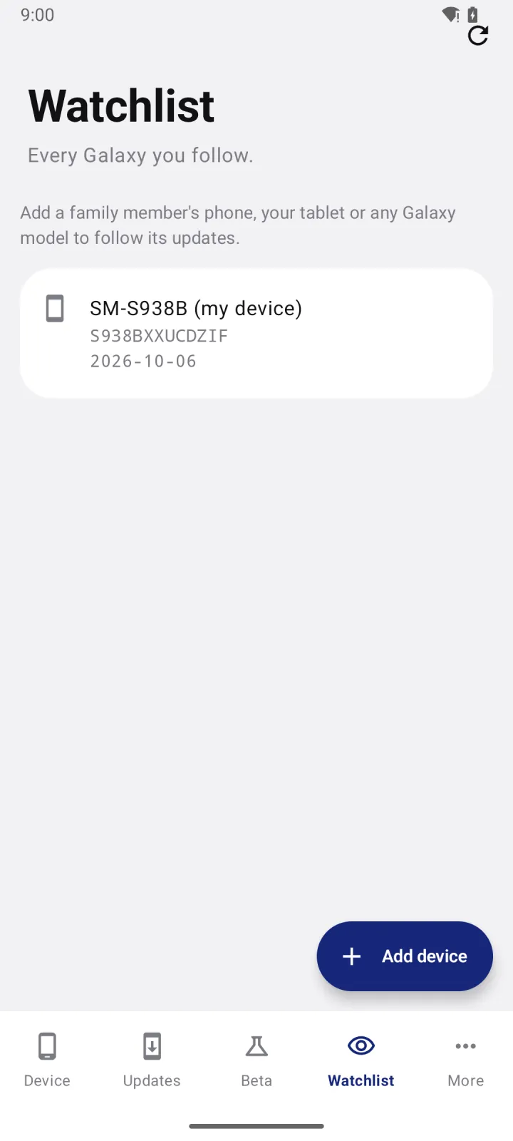 Watchlist tab with the SM-S938B listed as my device