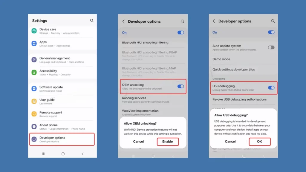 Enable OEM Unlocking and USB Debugging Samsung