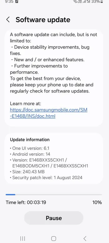 Samsung Galaxy F14 5G August 2024 security update screenshot