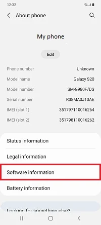 Galaxy About phone screen with Software information highlighted