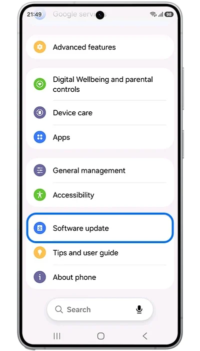 Galaxy Settings menu with the Software update option highlighted