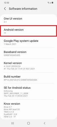 Galaxy Software information screen showing One UI version, Android version and Build number