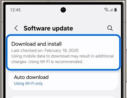 Software update screen on a Galaxy phone with Download and install highlighted