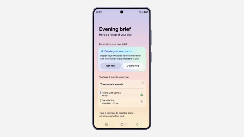 One UI 9 Now Brief showing an evening brief with events and suggestions on a Galaxy phone