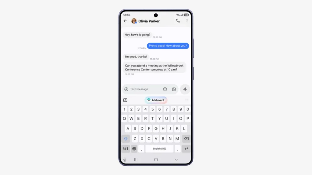 One UI 9 Now Nudge suggesting a calendar event inside a Samsung Messages chat