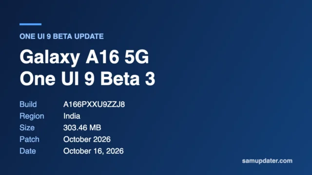 Graphic showing the Galaxy A16 5G One UI 9 Beta 3 update in India with build A166PXXU9ZZJ8, 303.46 MB size and the October 2026 patch
