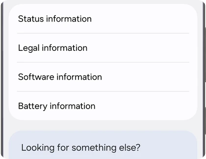 Samsung Galaxy About phone screen with Status information, Legal information and Software information