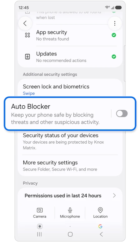 Security and privacy menu with the Auto Blocker option highlighted.