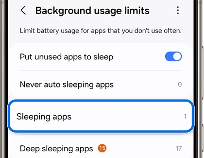Background usage limits screen in Galaxy battery settings with Sleeping apps highlighted