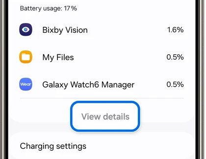 Battery usage by app list in Galaxy Settings with the View details button highlighted