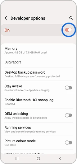 Developer options screen on a Galaxy phone with the OEM unlocking toggle and its Allow the bootloader to be unlocked description