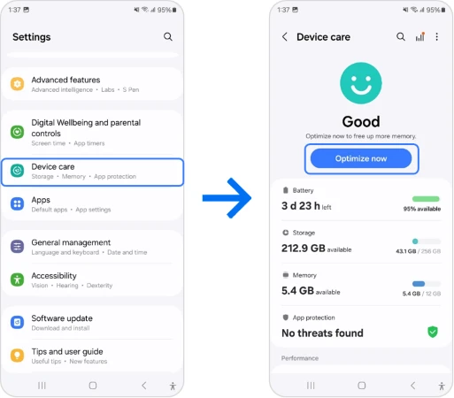 Galaxy Settings with Device care highlighted, then the Device care screen with the Optimize now button highlighted