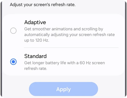 Motion smoothness screen on a Galaxy phone with Standard 60 Hz selected instead of Adaptive