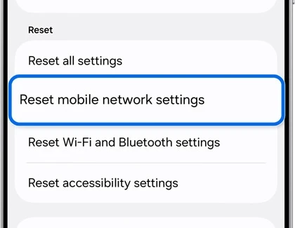 Reset mobile network settings highlighted in Reset settings screen on a Galaxy phone.
