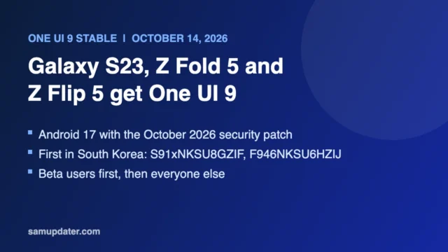 Graphic showing the One UI 9 stable update for Galaxy S23, Z Fold 5 and Z Flip 5 starting in South Korea on October 14, 2026