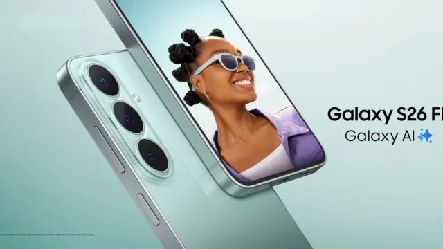 Samsung Galaxy S26 FE in a light green finish with Galaxy AI branding