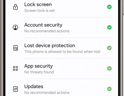 Security and privacy settings screen displaying a list of settings such as Lock screen, Account security, Lost device protection, App security, and Updates.