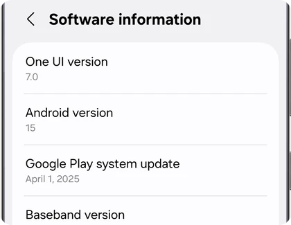 Samsung Galaxy Software information screen showing One UI version, Android version and Baseband version