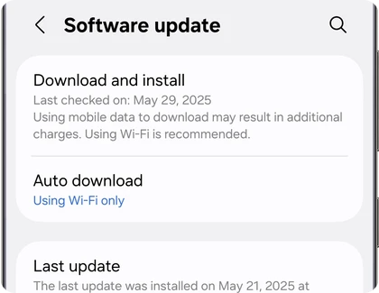 Samsung Galaxy Software update screen with the Download and install option