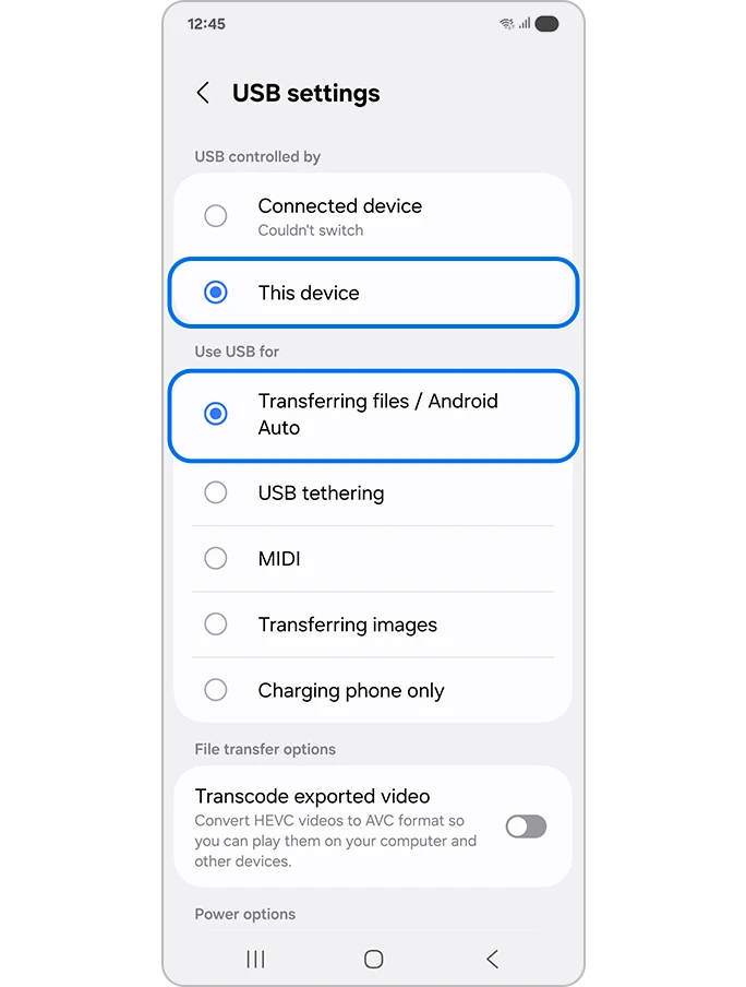 USB settings with Transferring files / Android Auto selected