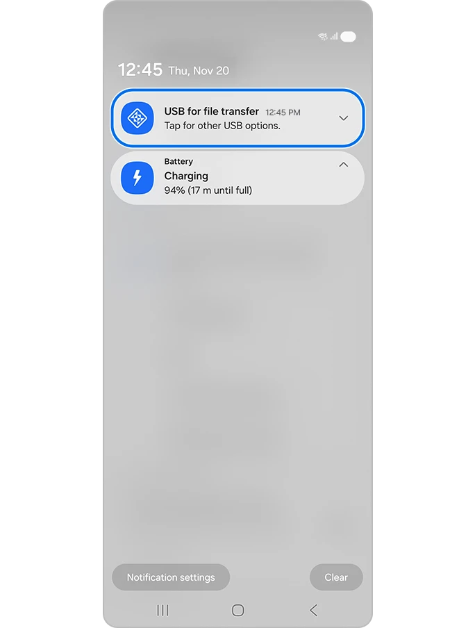 USB for file transfer notification on a Samsung Galaxy