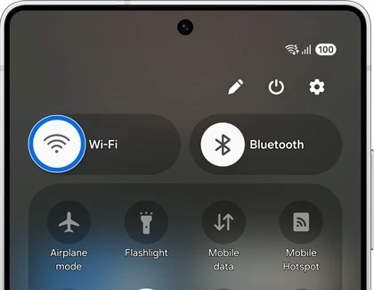 Wifi icon highlighted in the Quick settings panel on a Galaxy phone.