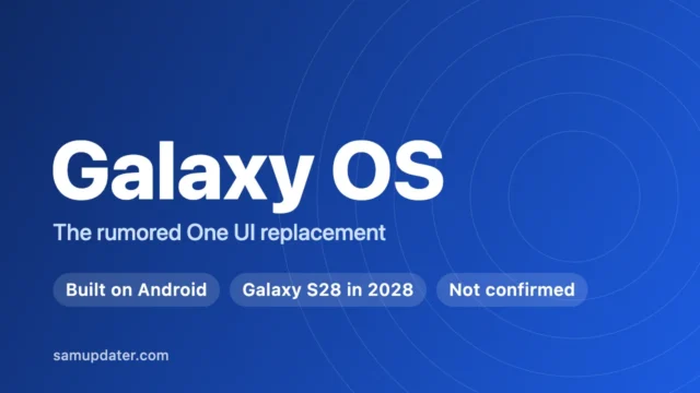 Graphic for the Samsung Galaxy OS rumor: built on Android, tied to the Galaxy S28 in 2028 and not confirmed by Samsung