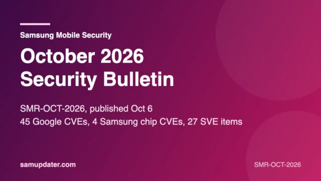 Graphic summarizing the Samsung October 2026 security bulletin SMR-OCT-2026 published on October 6, 2026