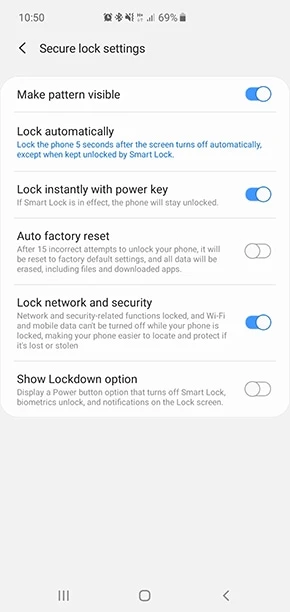Secure lock settings on a Samsung Galaxy with Lock network and security